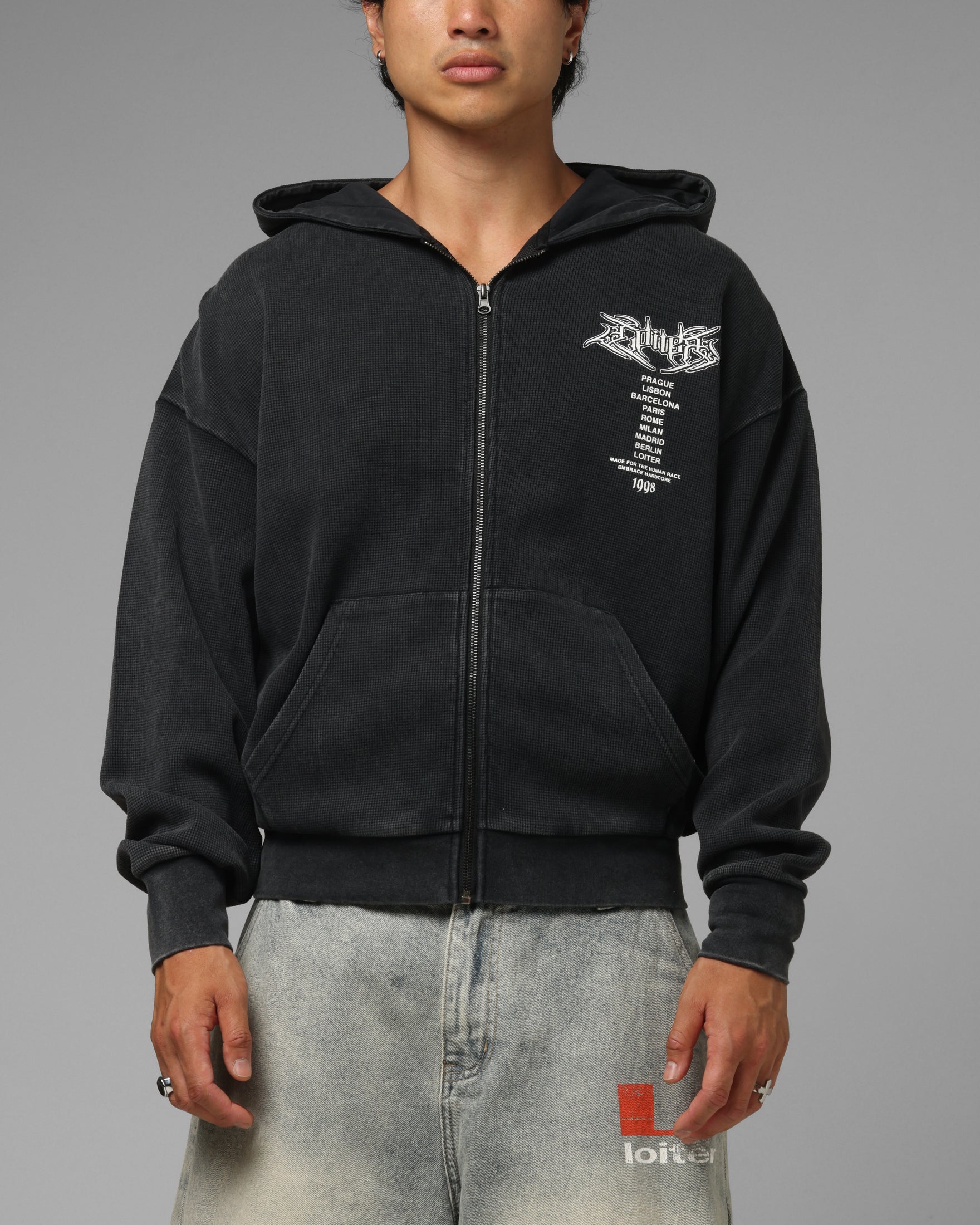 Loiter Waffle Zip Hoodie Black