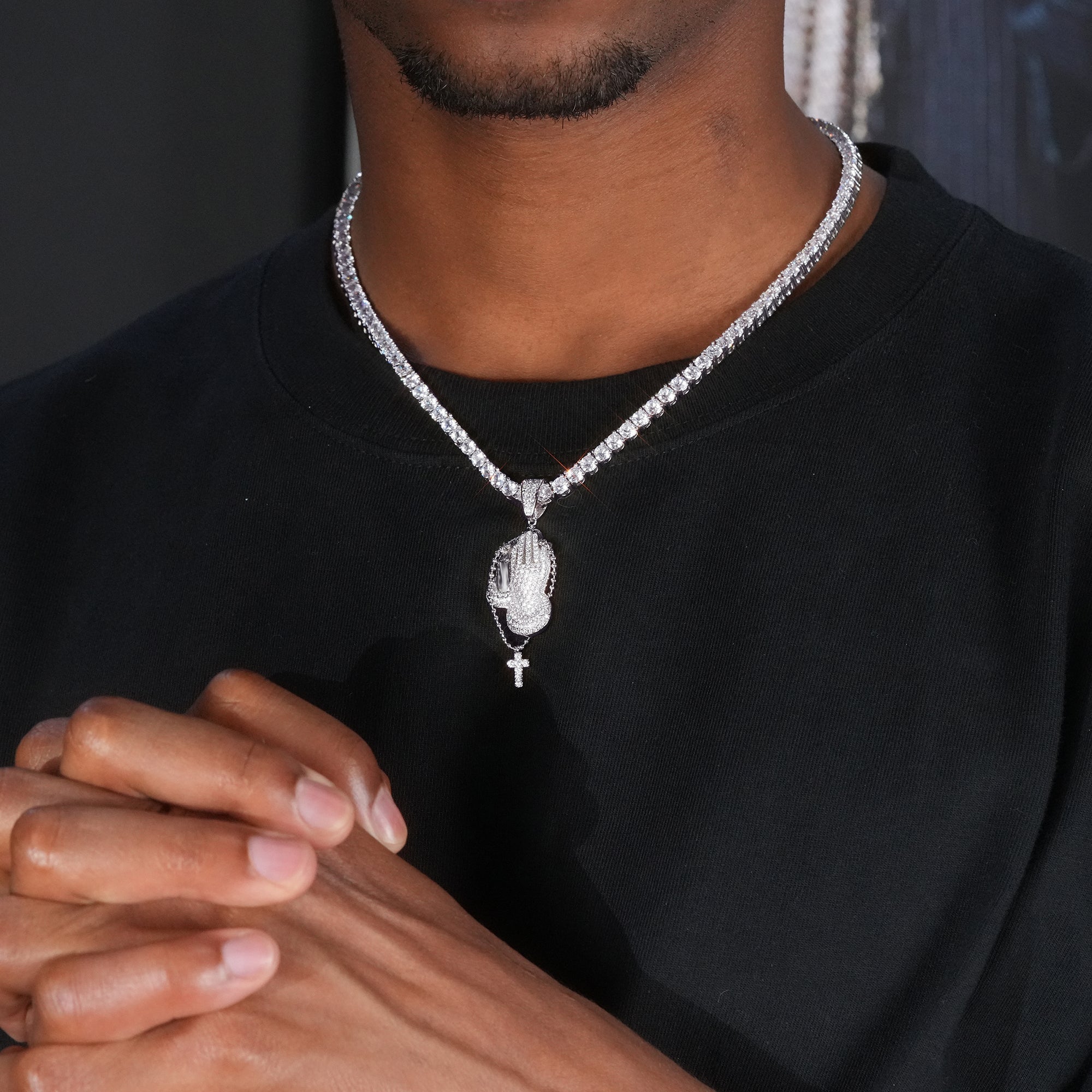 3mm Gold-Plated AAA CZ Hand Rosary Cross Prayer Hand Cross Pendant (with Stainless Steel Cuban/twist Chain)