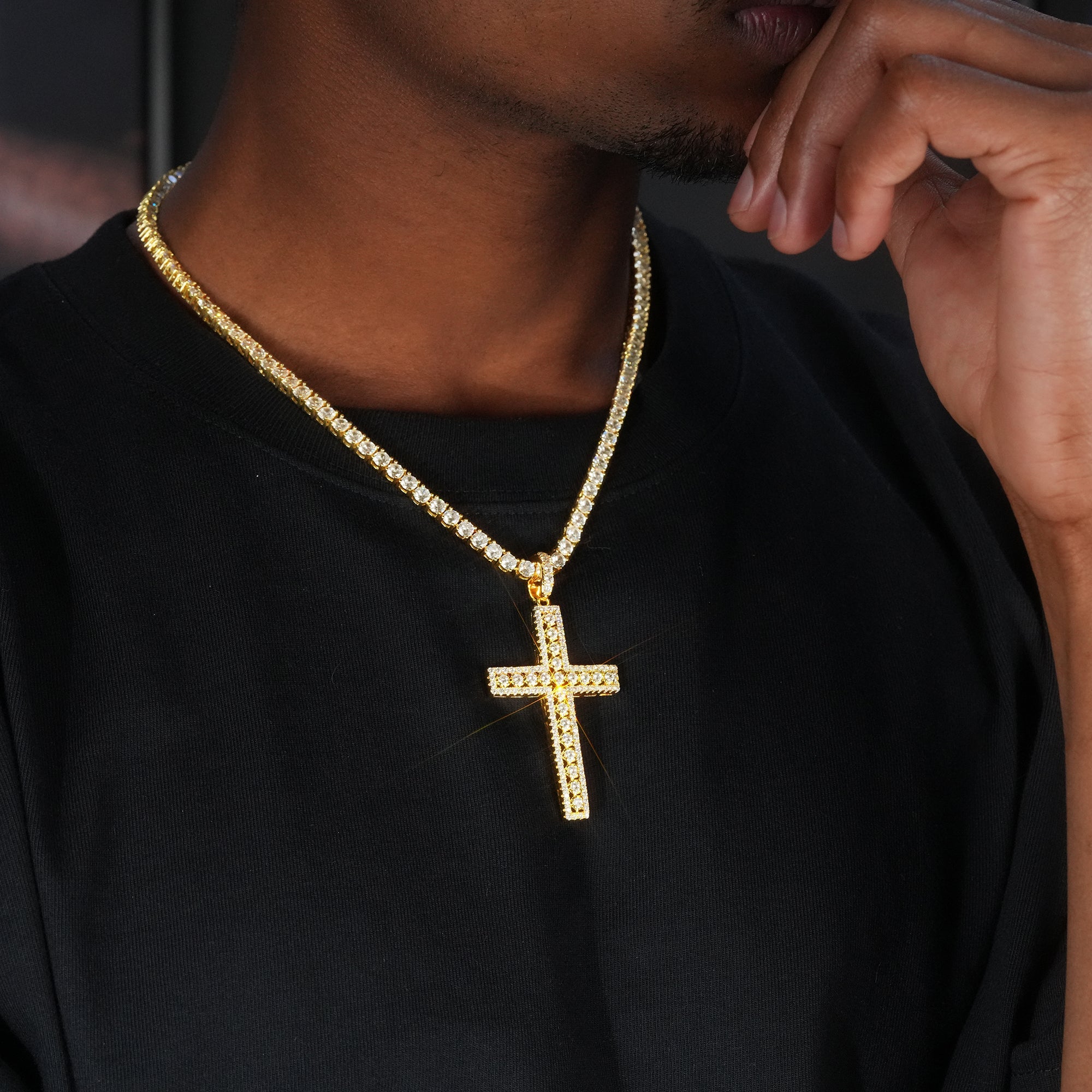 35mm  Iced Yellow Gold-Plated CZ Cross Pendant
