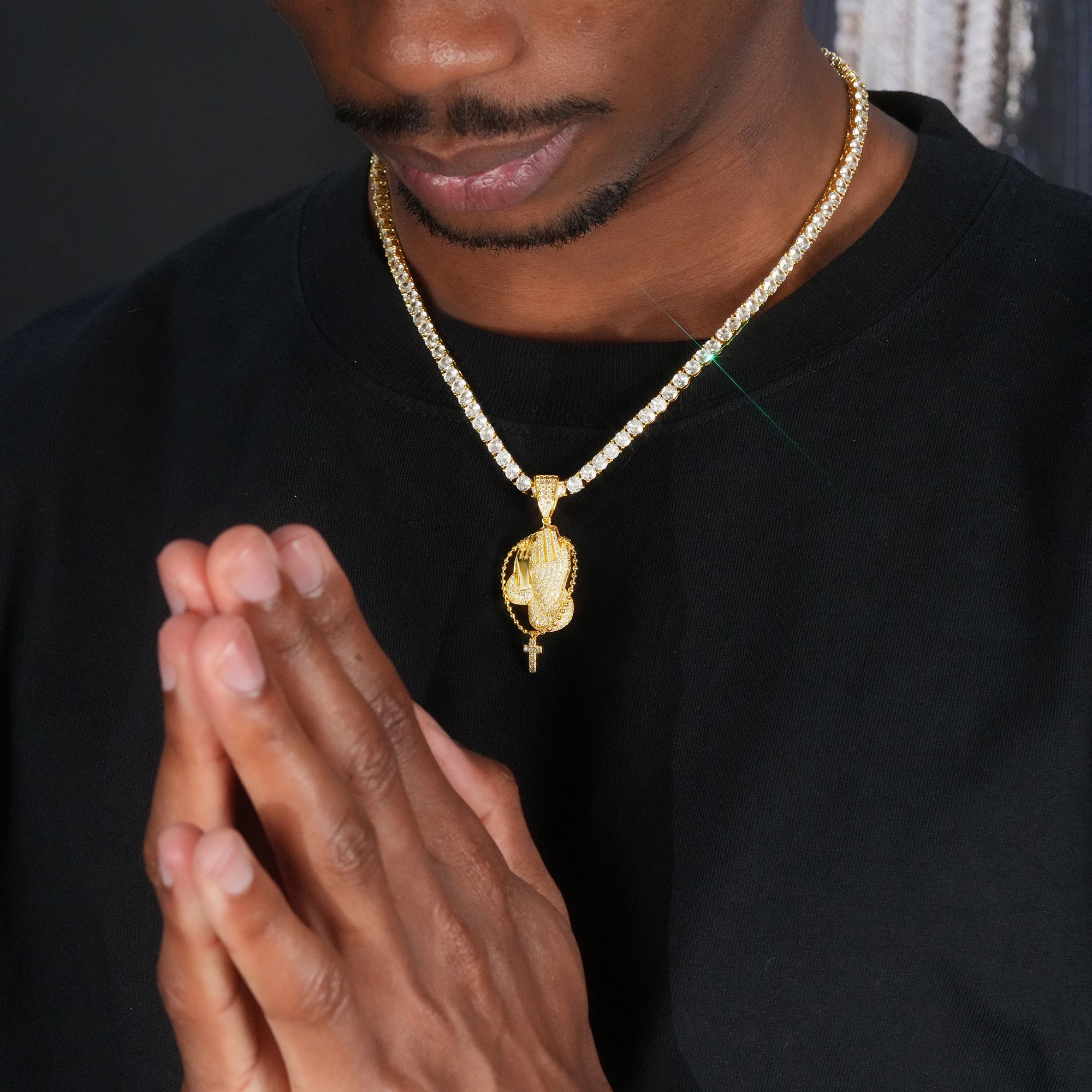 3mm Gold-Plated AAA CZ Hand Rosary Cross Prayer Hand Cross Pendant (with Stainless Steel Cuban/twist Chain)