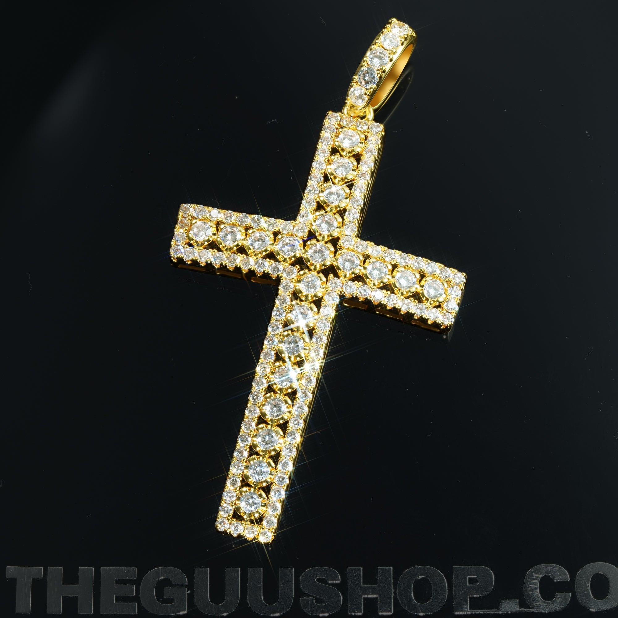35mm  Iced Yellow Gold-Plated CZ Cross Pendant