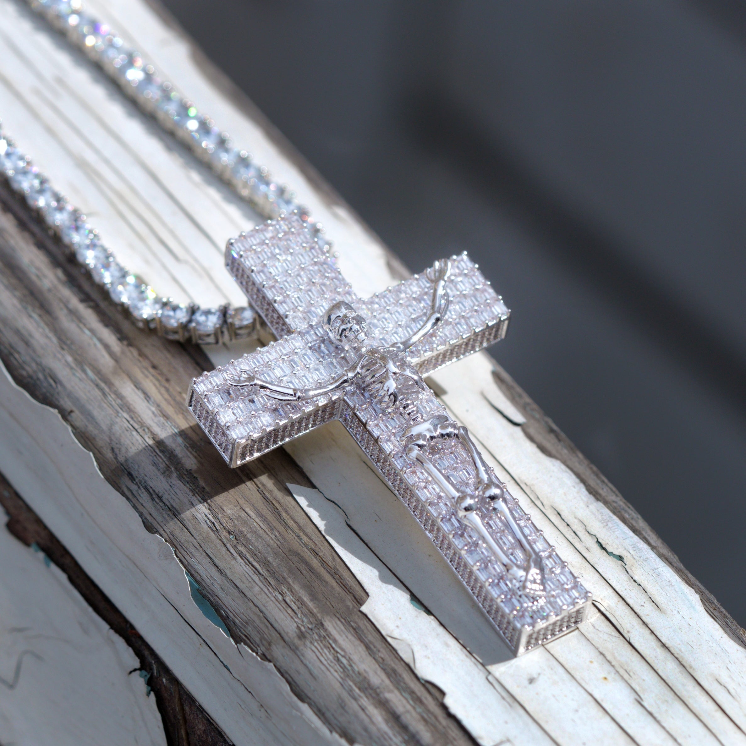 3D Skull Cross Baguette Solid Iced Necklace