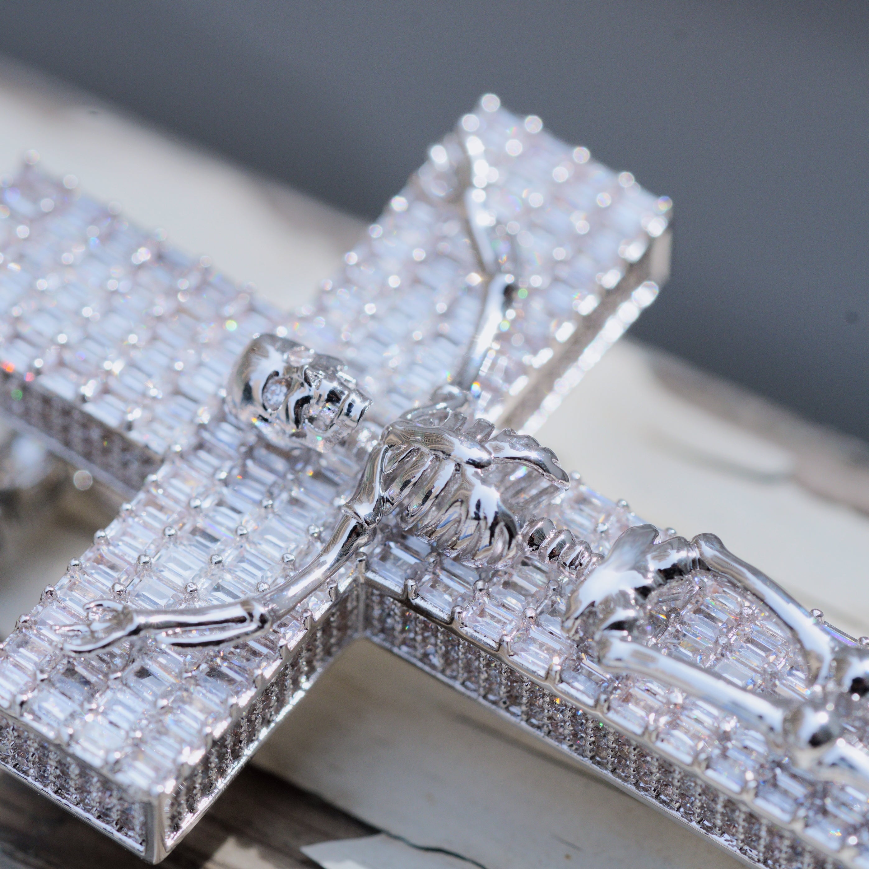 3D Skull Cross Baguette Solid Iced Necklace