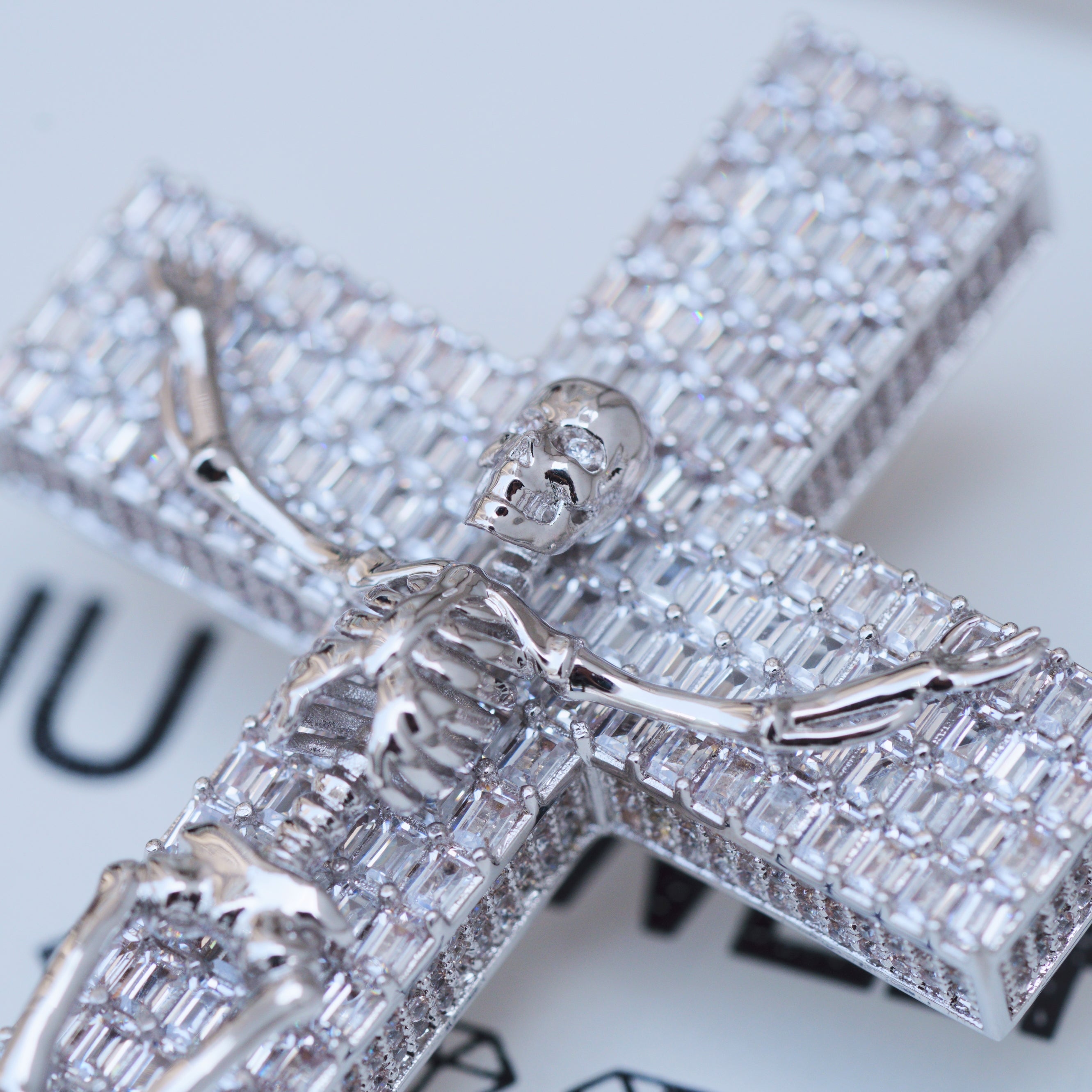 3D Skull Cross Baguette Solid Iced Necklace