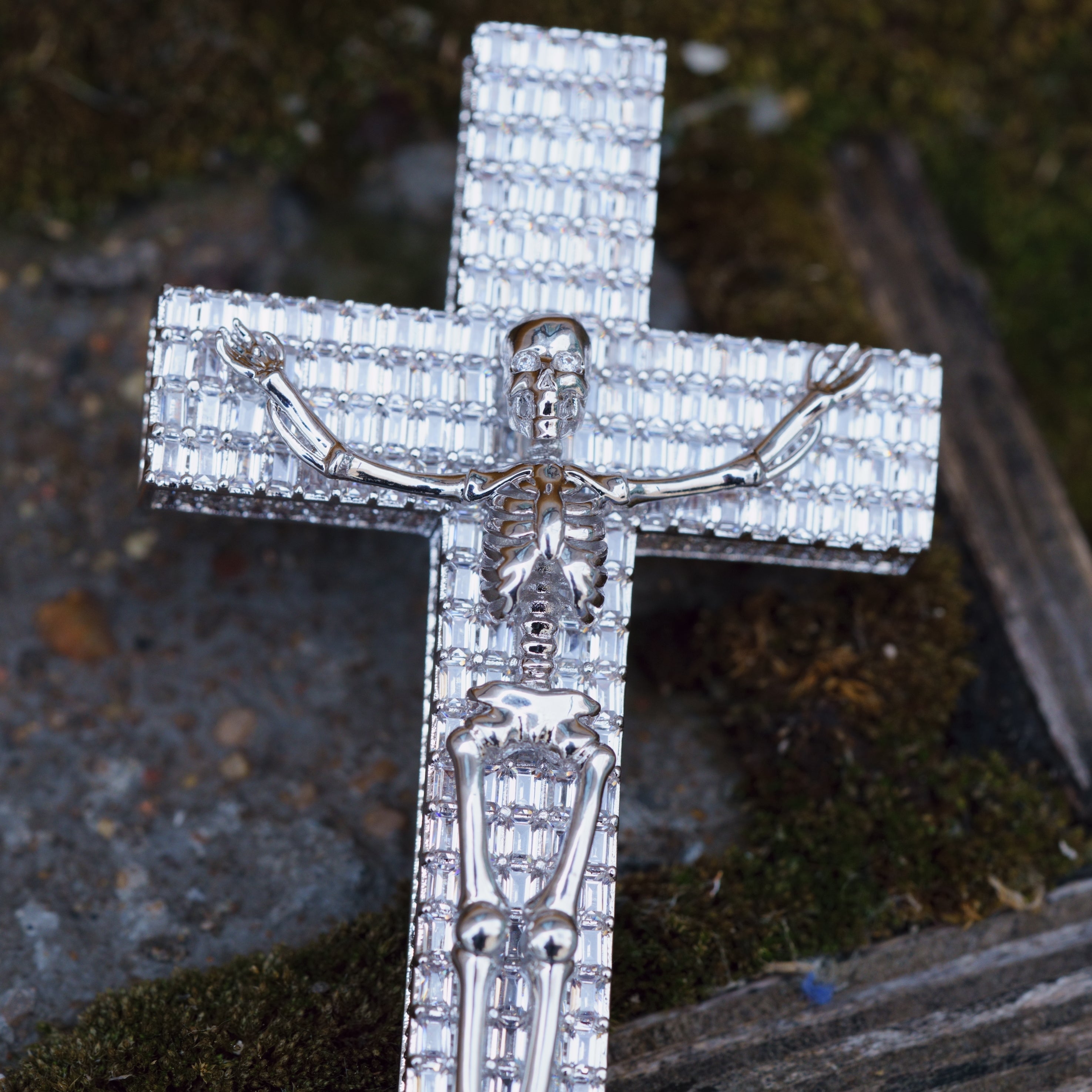 3D Skull Cross Baguette Solid Iced Necklace