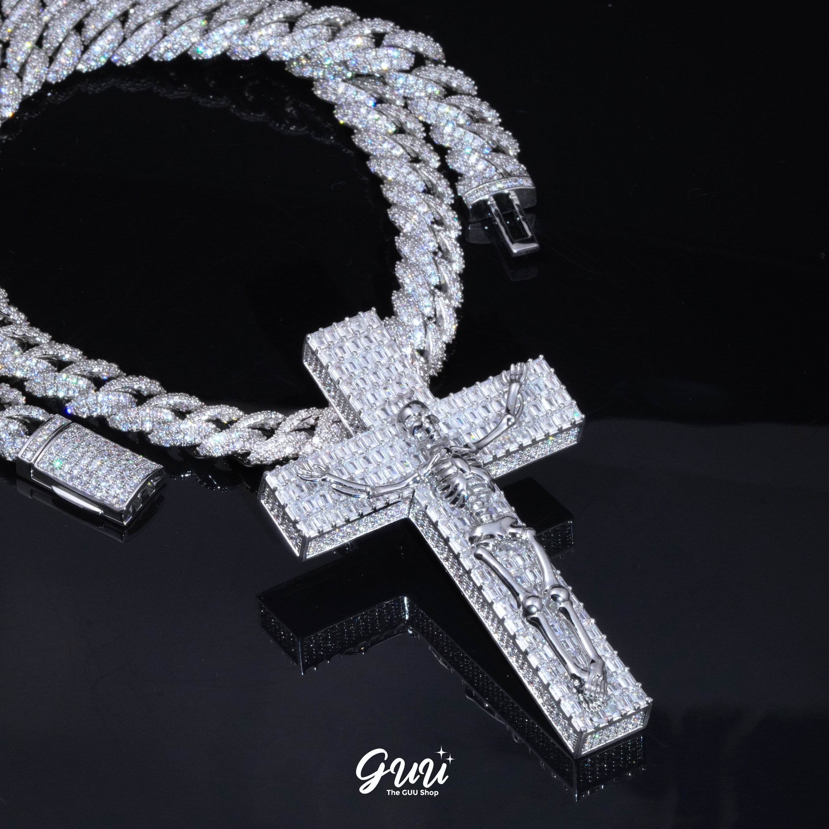 3D Skull Cross Baguette Solid Iced Necklace